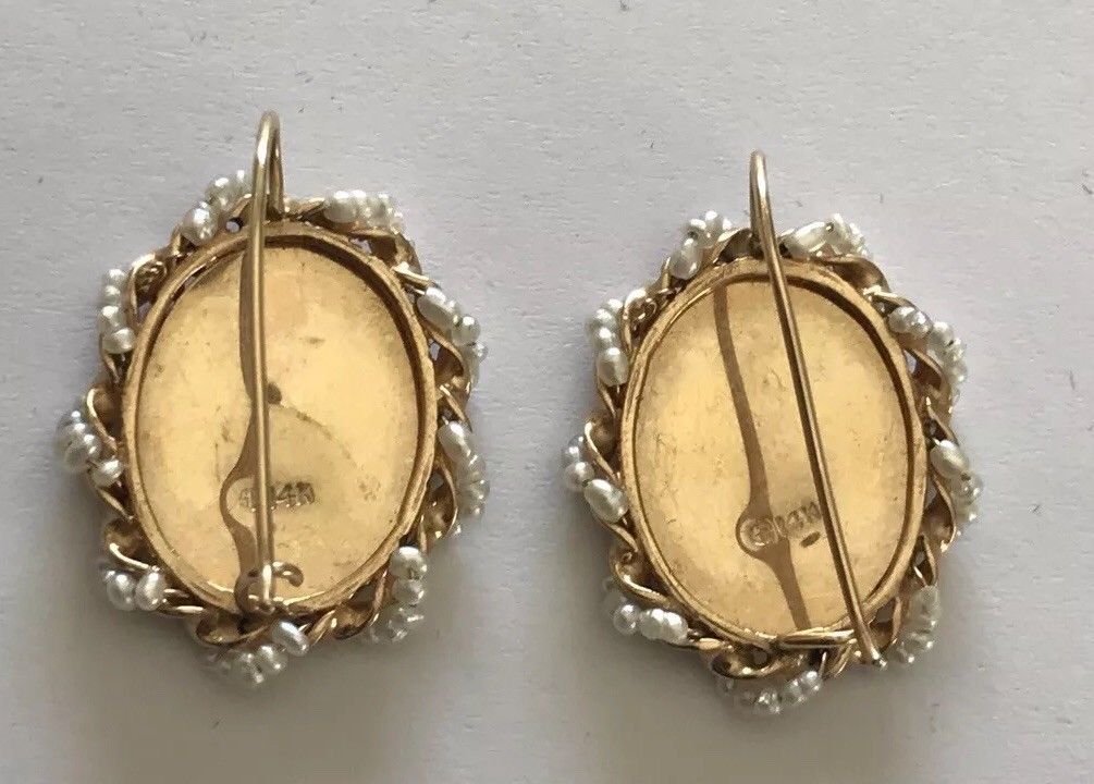 Antique 14k Yellow Gold, Seed pearl hand painted Lady portrait pierced earrings