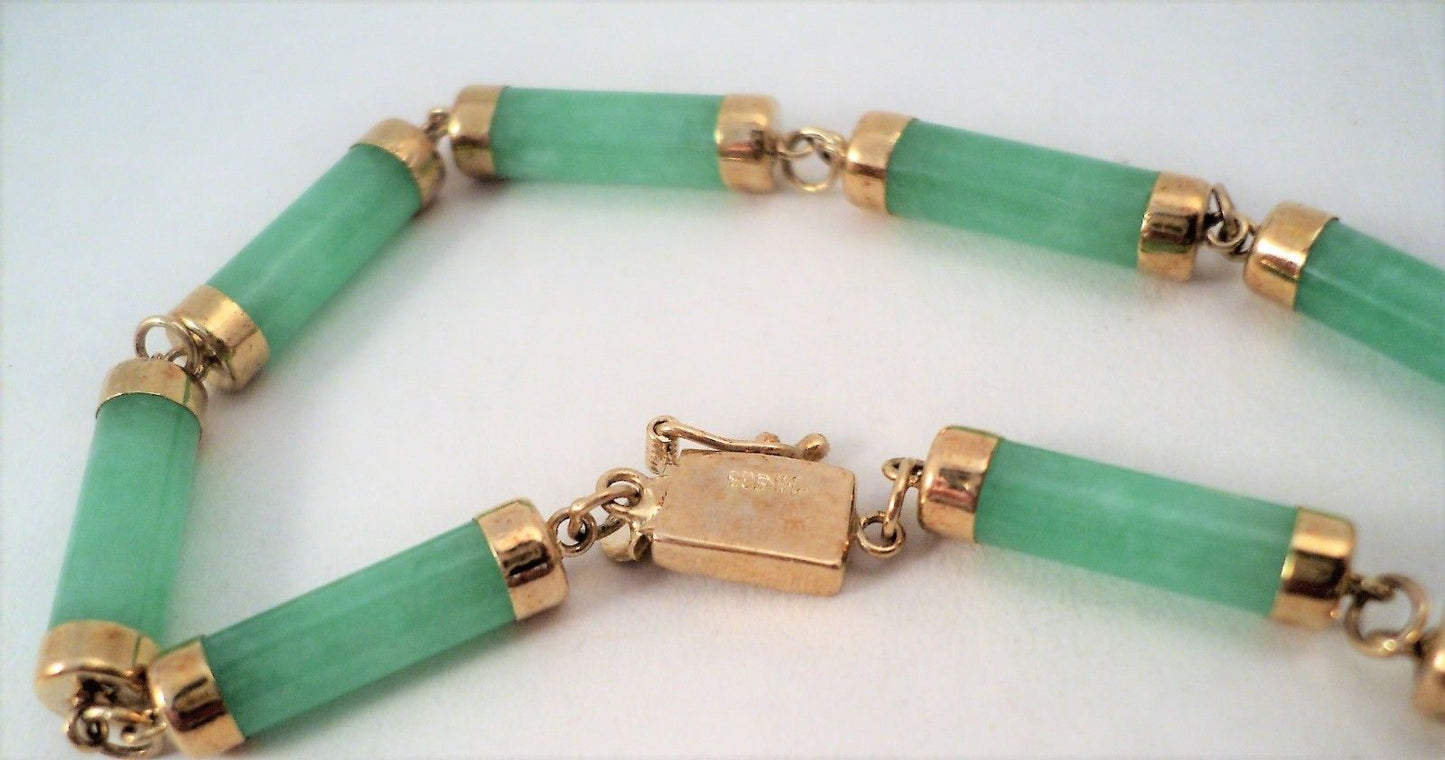 Estate Vintage 14k Yellow Gold & Green Jade Link Bracelet 7.5" Elegant 585