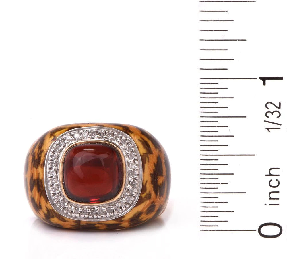 Estate Diamond Garnet Leopard Enamel 14k Gold Cocktail Ring