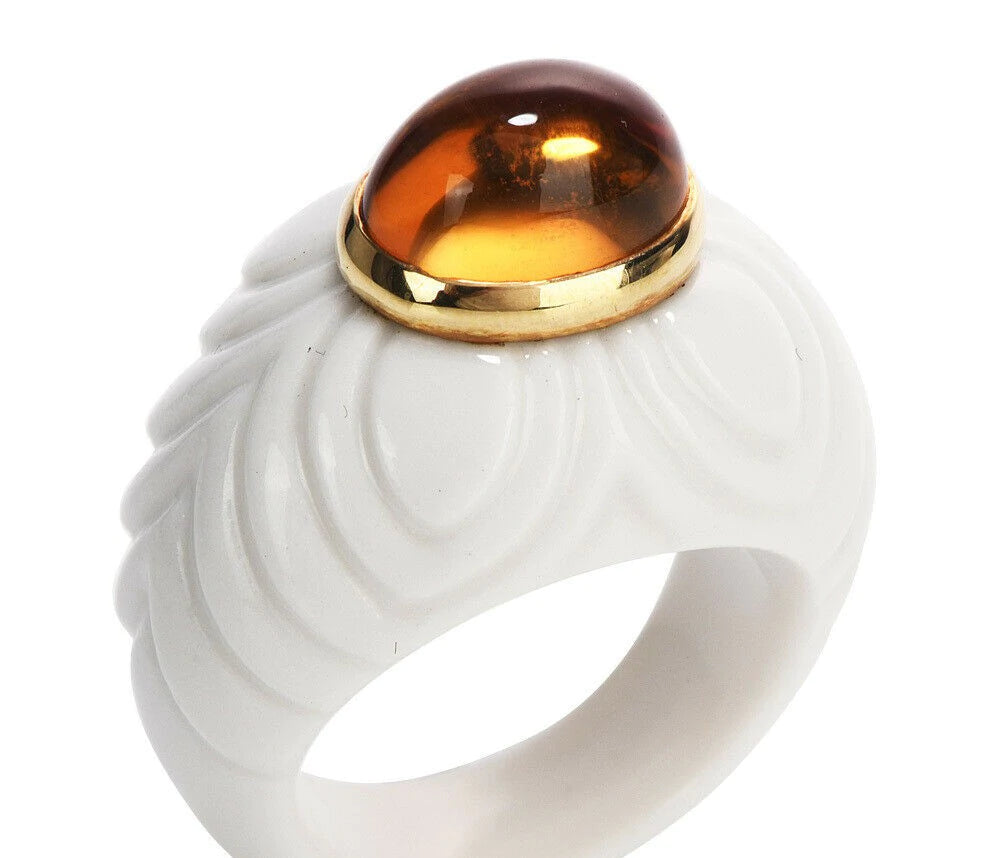 Bvlgari Citrine Carved Ceramic 18k Gold Chandra Cocktail Ring 10.6 Grams NR