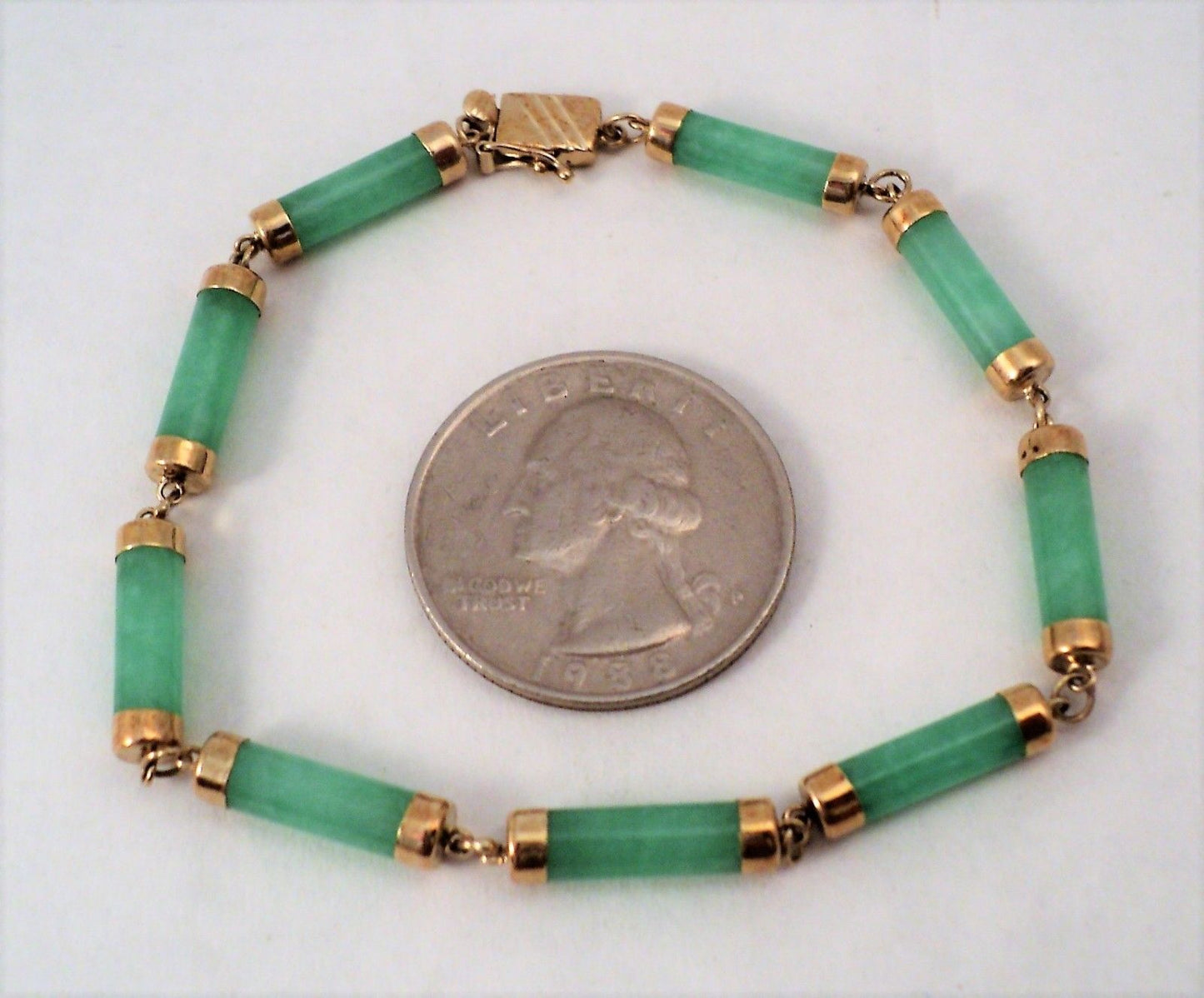 Estate Vintage 14k Yellow Gold & Green Jade Link Bracelet 7.5" Elegant 585