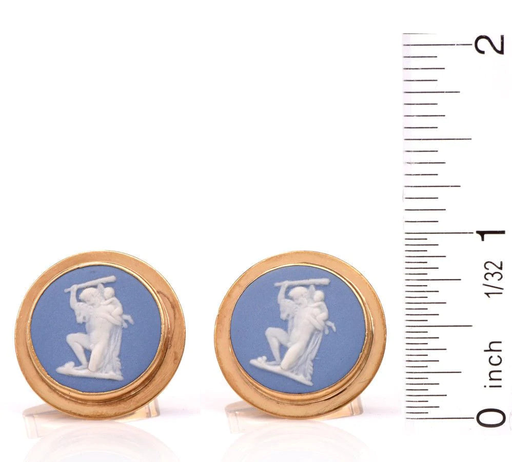 Vintage Wedgwood Cameo Blue Jasper 14K Yellow Gold Round Cufflinks