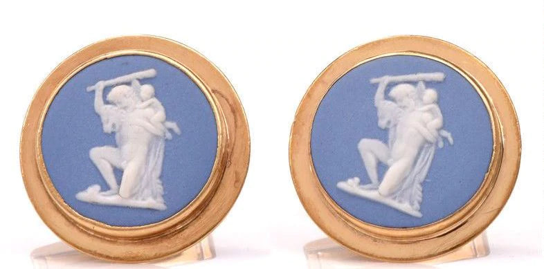 Vintage Wedgwood Cameo Blue Jasper 14K Yellow Gold Round Cufflinks