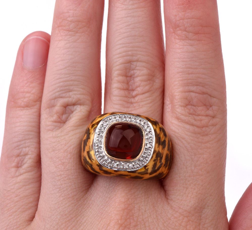 Estate Diamond Garnet Leopard Enamel 14k Gold Cocktail Ring