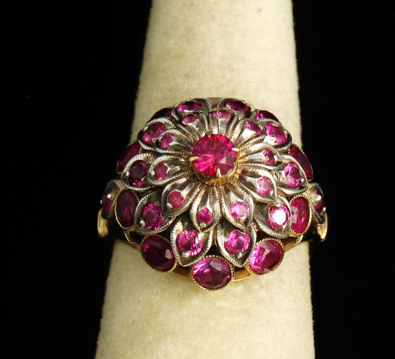 Vintage Signed Natural 3.0ct Burmese Ruby & Diamond 18k Gold Harem Cluster Ring