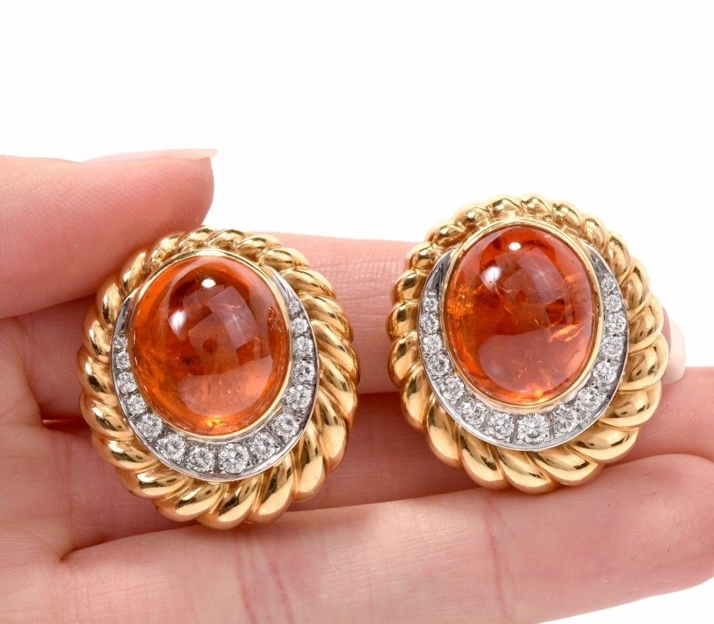 Estate Diamond 55.45ct Spessartite Garnet 18k Gold Large Earrings