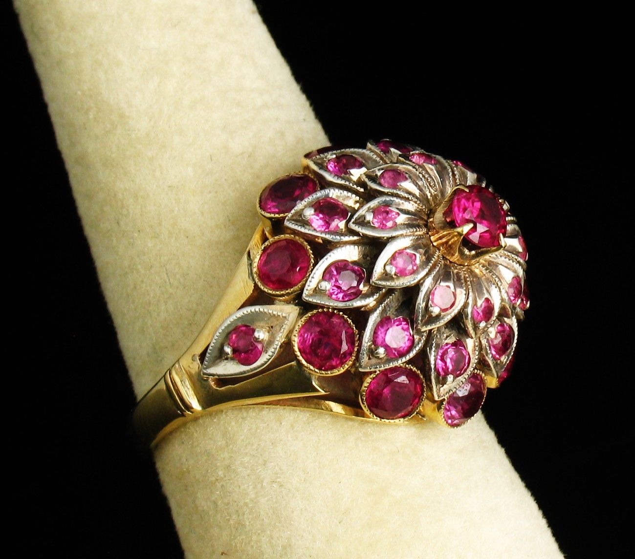 Vintage Signed Natural 3.0ct Burmese Ruby & Diamond 18k Gold Harem Cluster Ring