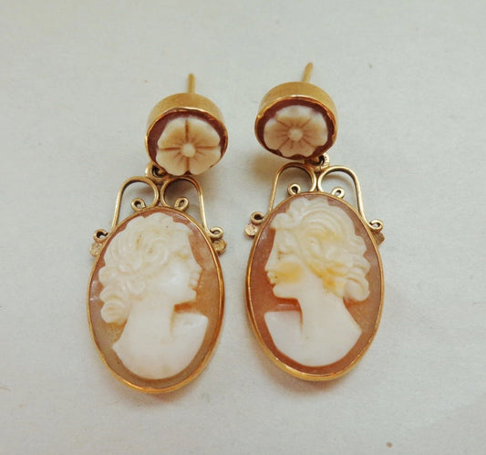 Antique Victorian 14k Solid Yellow Gold Pierced Dangle Cameo Earrings 4.35gms