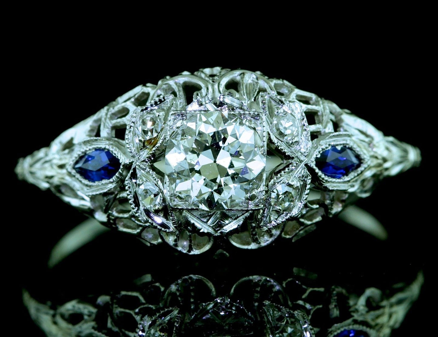 Art Deco 0.64ctw European Diamond Blue Sapphire 18K White Gold Filigree Ring