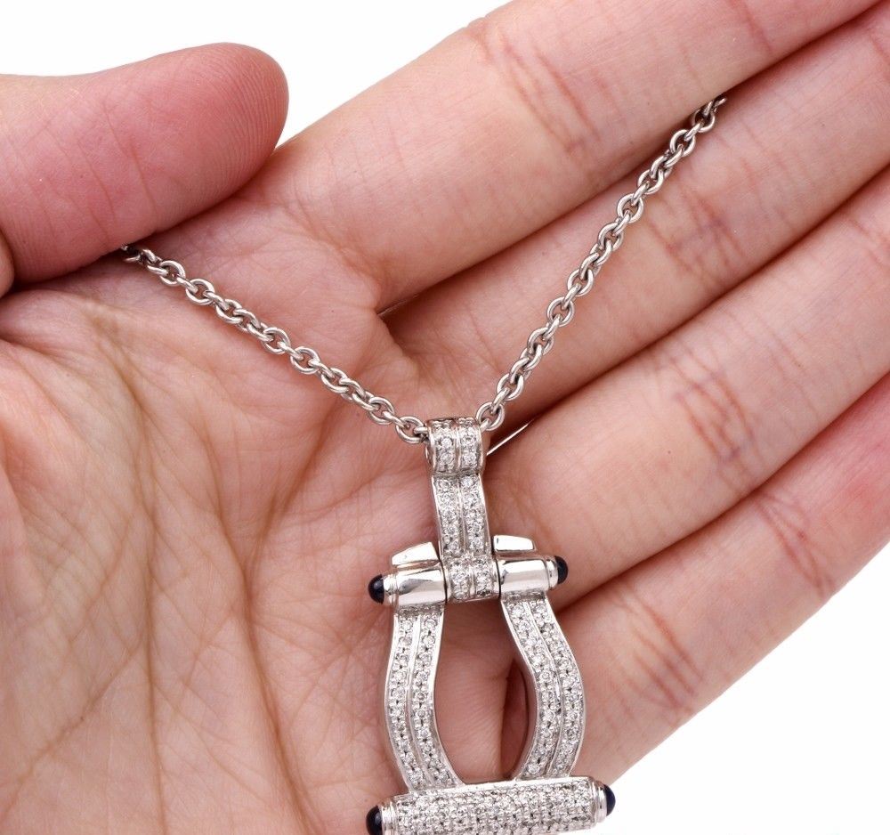 Charriol Diamond Sapphire 18k White Gold Chain Pendant Necklace