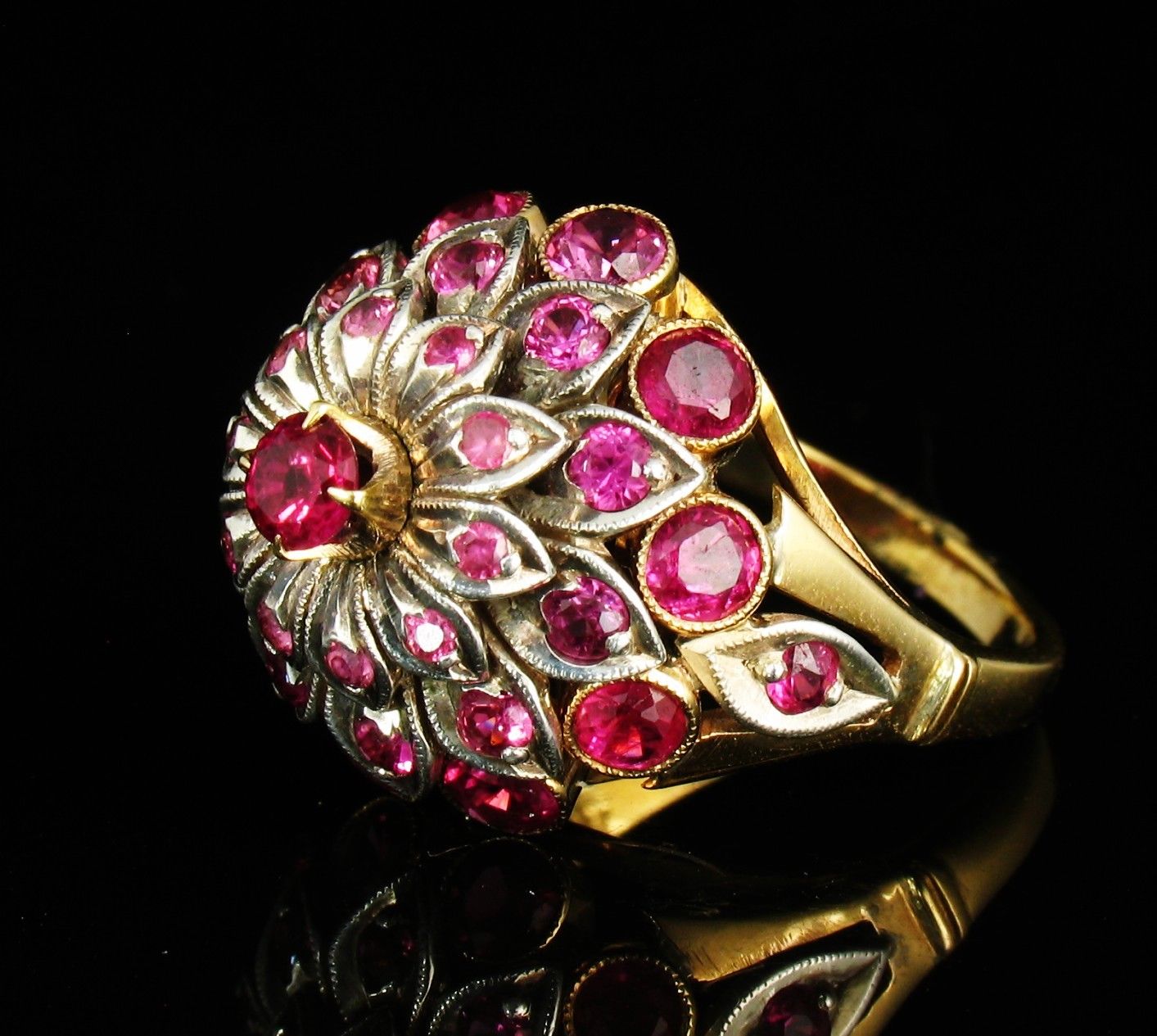 Vintage Signed Natural 3.0ct Burmese Ruby & Diamond 18k Gold Harem Cluster Ring