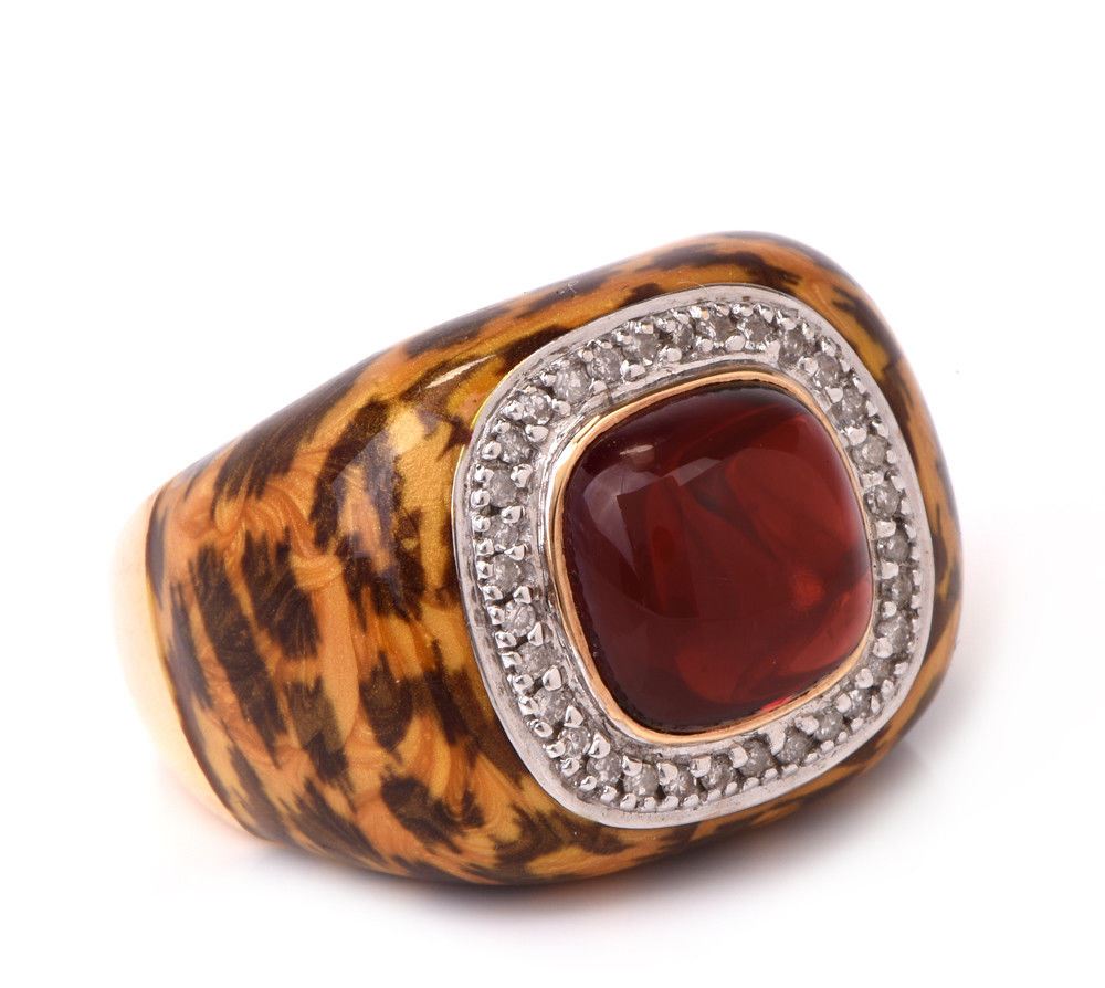 Estate Diamond Garnet Leopard Enamel 14k Gold Cocktail Ring