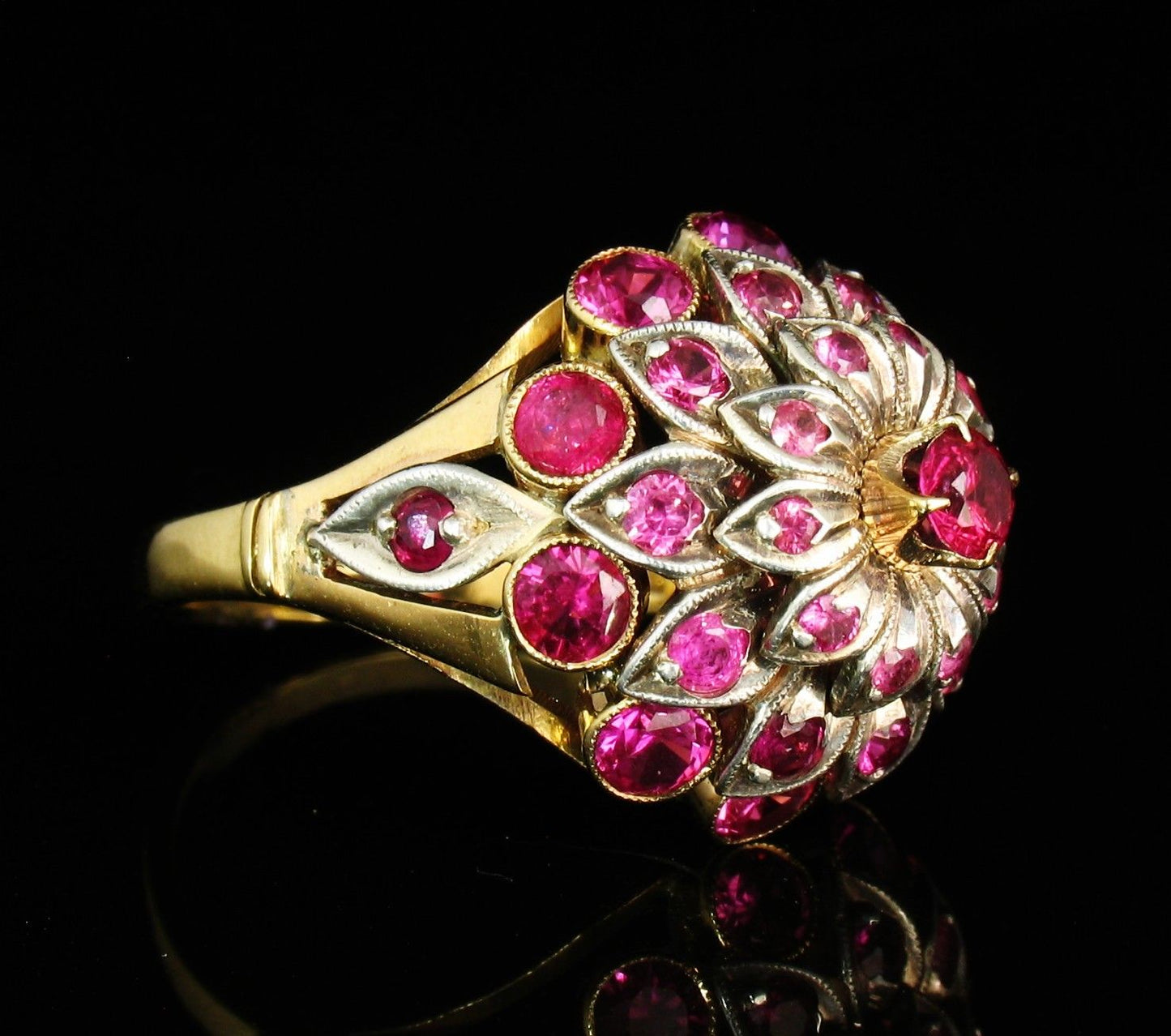 Vintage Signed Natural 3.0ct Burmese Ruby & Diamond 18k Gold Harem Cluster Ring