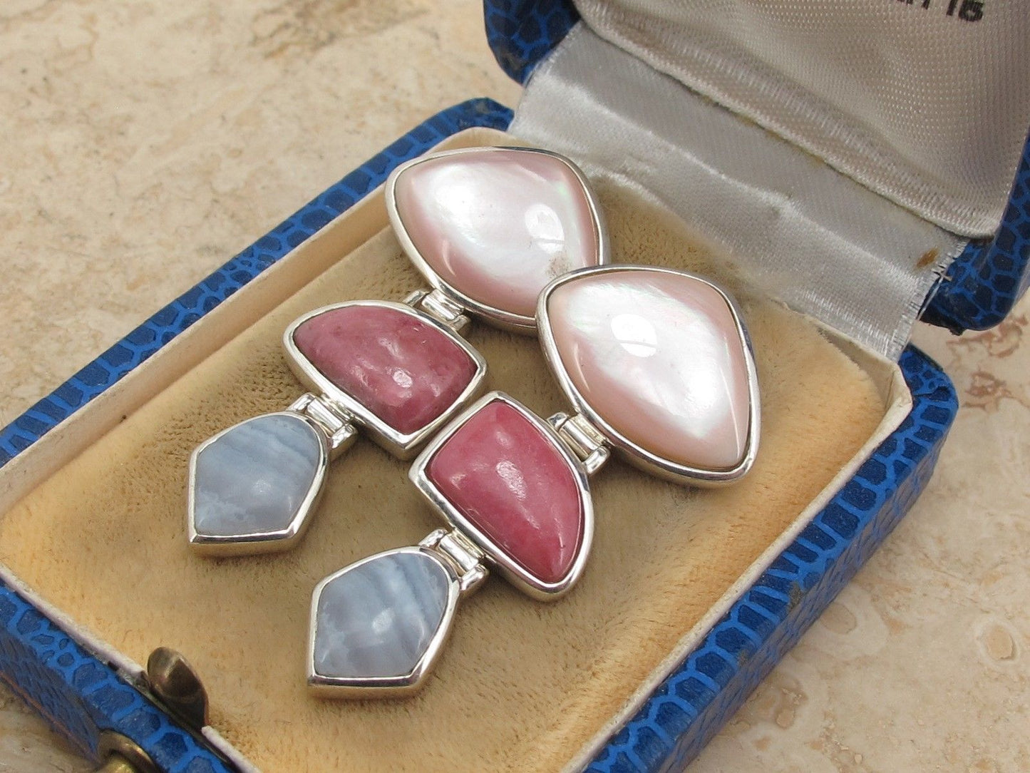 Sterling Silver 925 Mother of Pearl banded Jasper & Pin Agate Hinged Earrings