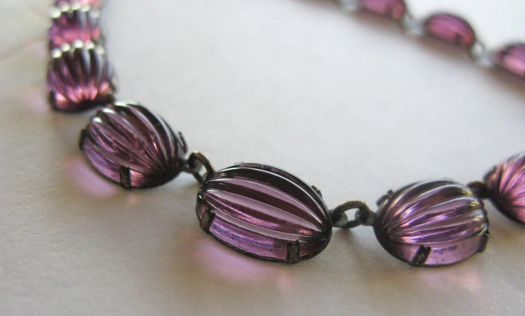 Vintage signed Czez Amethyst Ribbed Glass/ paste Open Back Necklace Art Deco