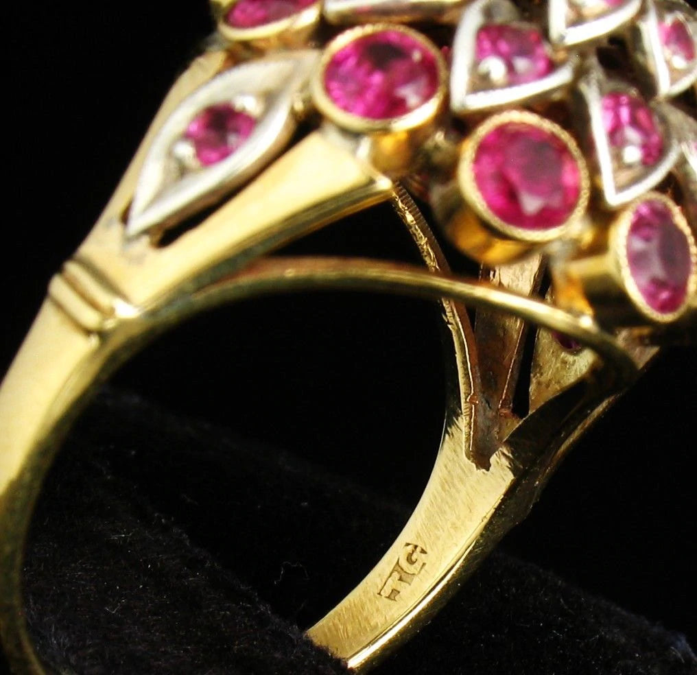 Vintage Signed Natural 3.0ct Burmese Ruby & Diamond 18k Gold Harem Cluster Ring