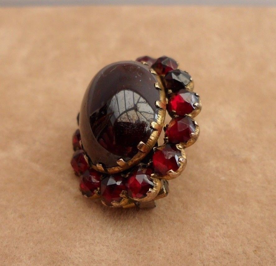 Antique Georgian Cabochon and Rose Cut Garnet Brooch Pin Closed Back