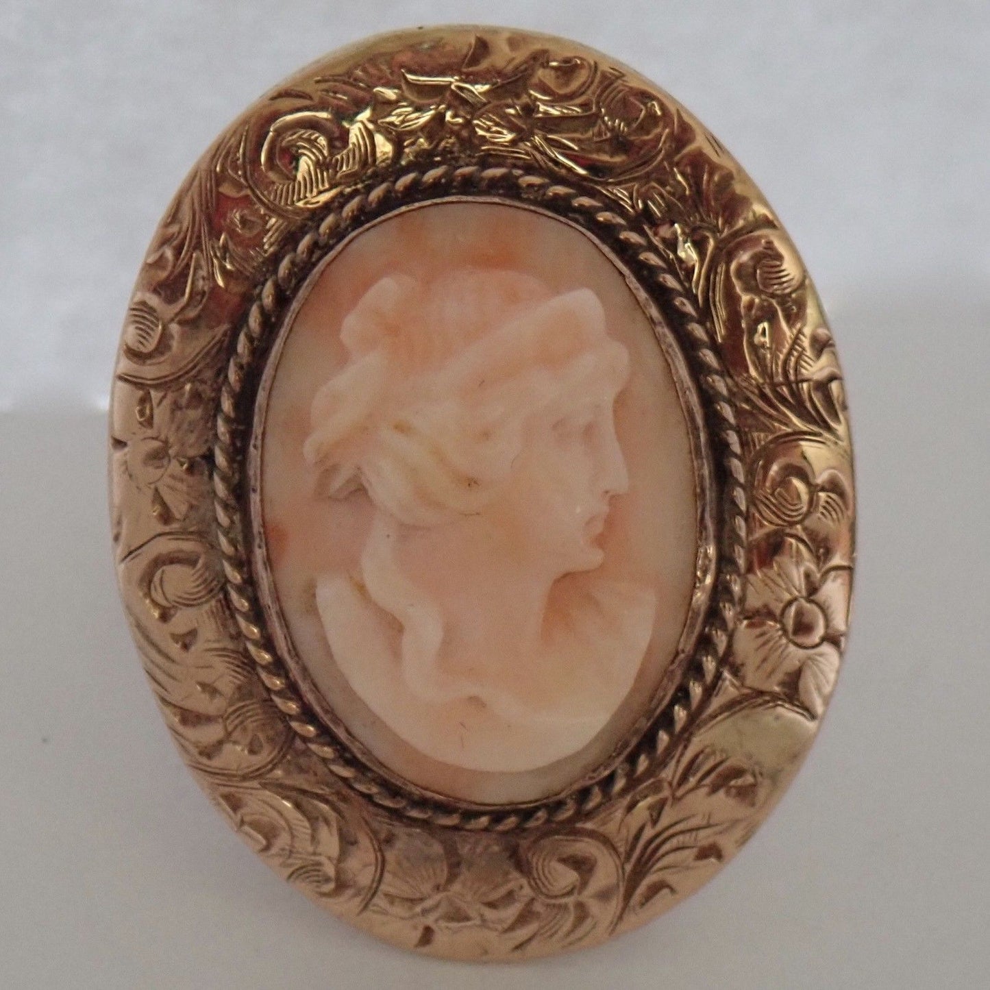 Antique Edwardian Engraved 14K Gold Carved Angel Skin Coral Cameo Ring