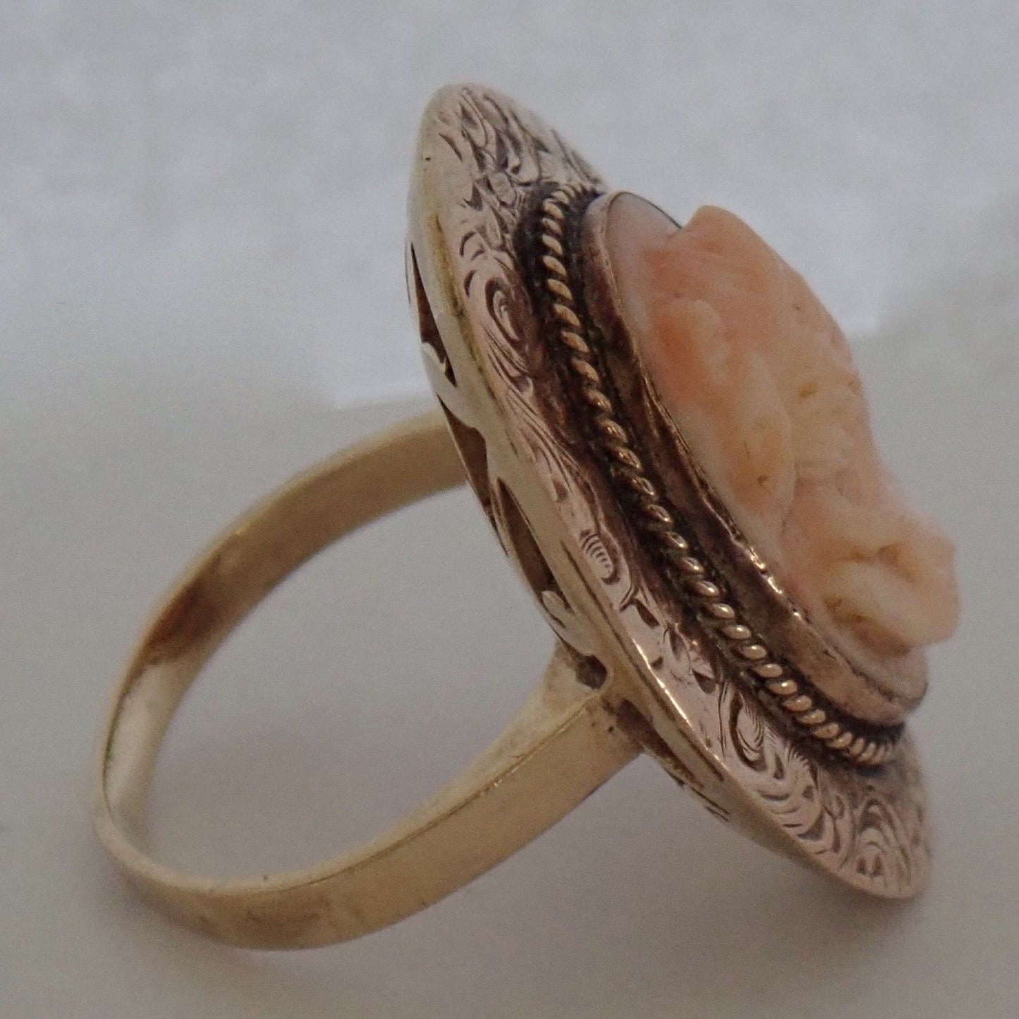 Antique Edwardian Engraved 14K Gold Carved Angel Skin Coral Cameo Ring