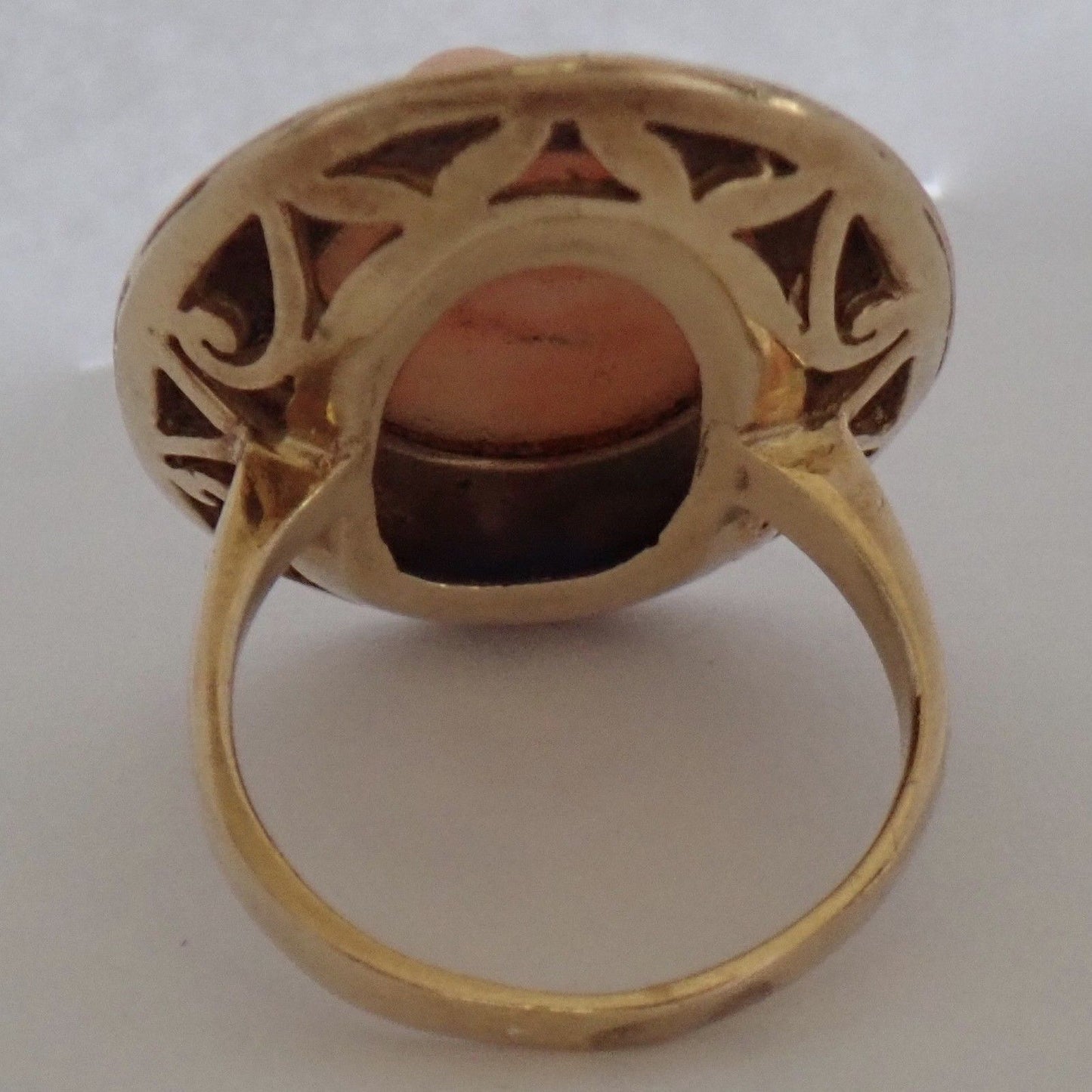 Antique Edwardian Engraved 14K Gold Carved Angel Skin Coral Cameo Ring