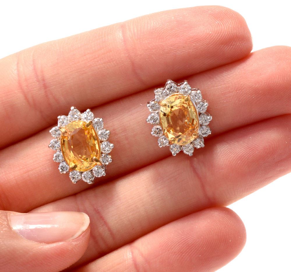 Estate Diamond 8.60ct Yellow Sapphire 14K Gold Stud Earrings