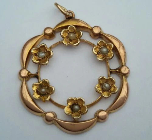 Antique Edwardian 1900's 9K Gold Seed pearl Flower Pendant Lavalier