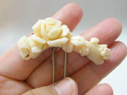 Kanzashi Antique Japanese Pink Natural Genuine Hand Carved Coral Rose Hair Comb