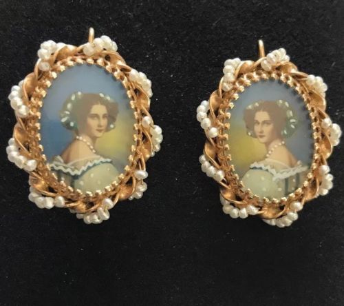 Antique 14k Yellow Gold, Seed pearl hand painted Lady portrait pierced earrings