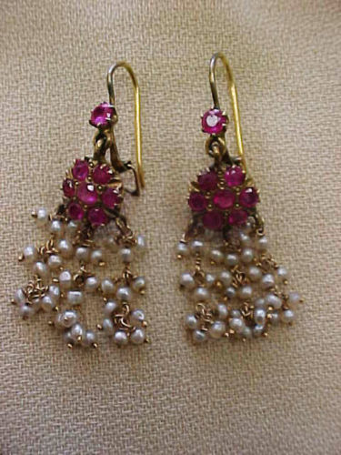 Antique Victorian / Edwardian Gold, Ruby & Pearl Earrings