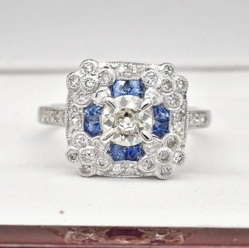 Art Deco 14K White Gold 1.37ct H-SI1 Euro Cut Diamonds & Sapphire Ring 4.4g