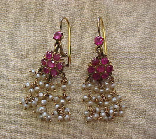 Antique Victorian / Edwardian Gold, Ruby & Pearl Earrings