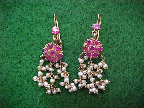 Antique Victorian / Edwardian Gold, Ruby & Pearl Earrings