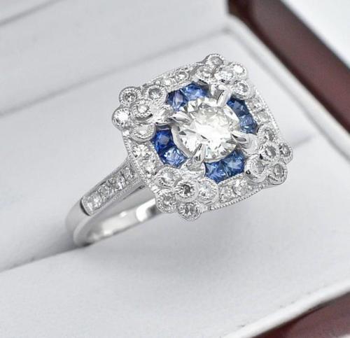 Art Deco 14K White Gold 1.37ct H-SI1 Euro Cut Diamonds & Sapphire Ring 4.4g