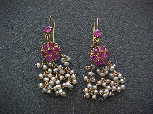 Antique Victorian / Edwardian Gold, Ruby & Pearl Earrings