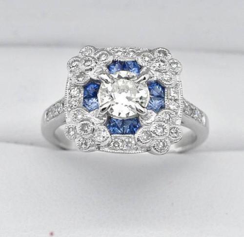 Art Deco 14K White Gold 1.37ct H-SI1 Euro Cut Diamonds & Sapphire Ring 4.4g